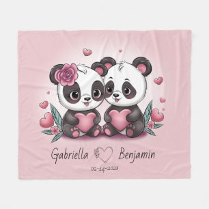 Cute Tecknad Panda Älskare Heart Valentindagen Fleecefilt
