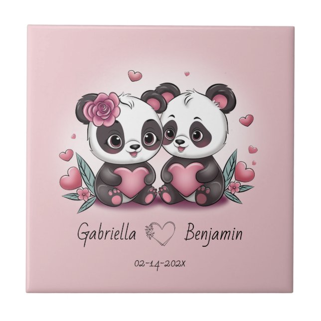 Cute Tecknad Panda Älskare Heart Valentindagen Kakelplatta (Framsidan)