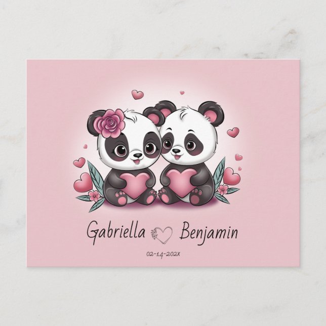 Cute Tecknad Panda Älskare Heart Valentindagen Vykort (Framsida)