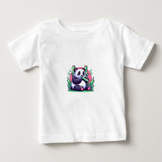 Cute Tecknad Panda Eating Bamboo T Shirt (Framsida)