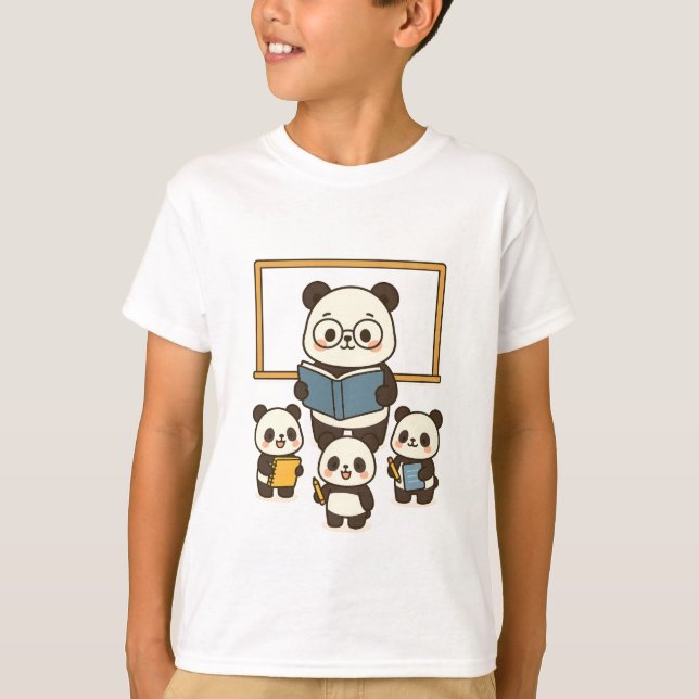 Cute Tecknad Panda Teacher och Studenter för skola T Shirt (Framsida)