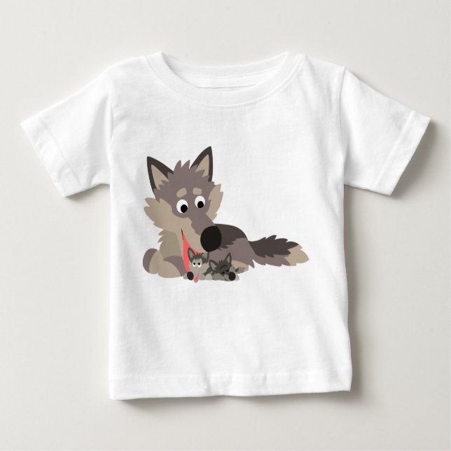 Cute Tecknad Pappa Varg och Valp Baby T-Shirt (Framsida)