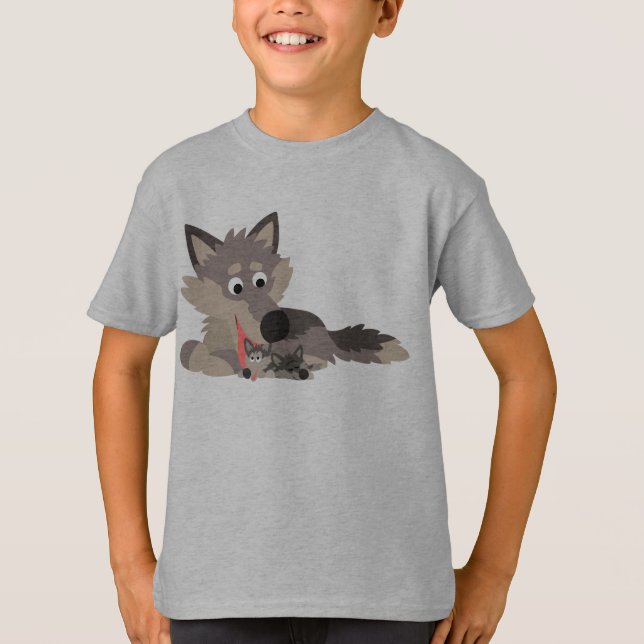 Cute Tecknad Pappa Varg och Valper Barn T-Shirt (Framsida)