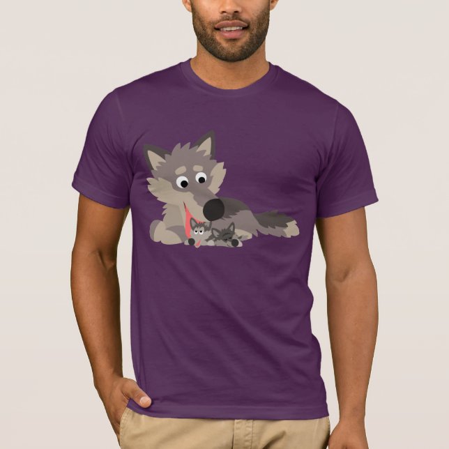 Cute Tecknad Pappa Varg och Valper T-Shirt (Framsida)