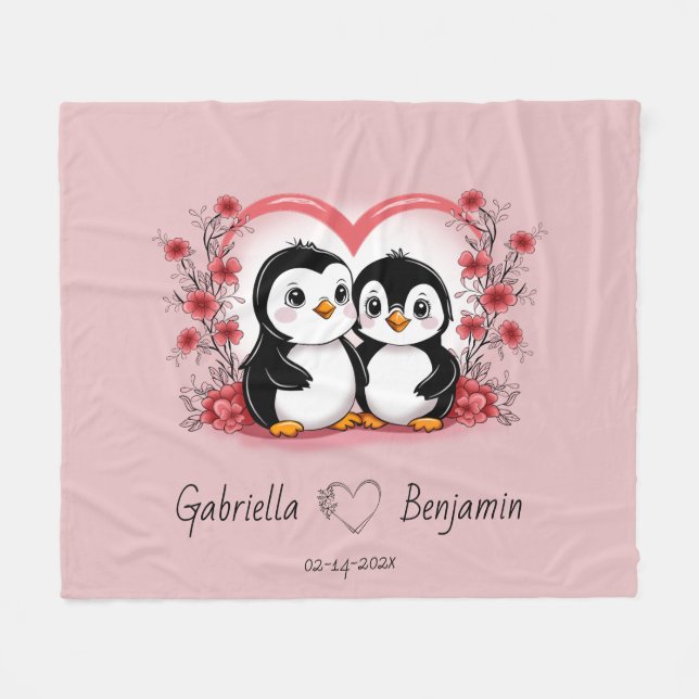 Cute Tecknad Penguin Älskare Heart Valentine Day Fleecefilt (Framsidan (Horisontell))