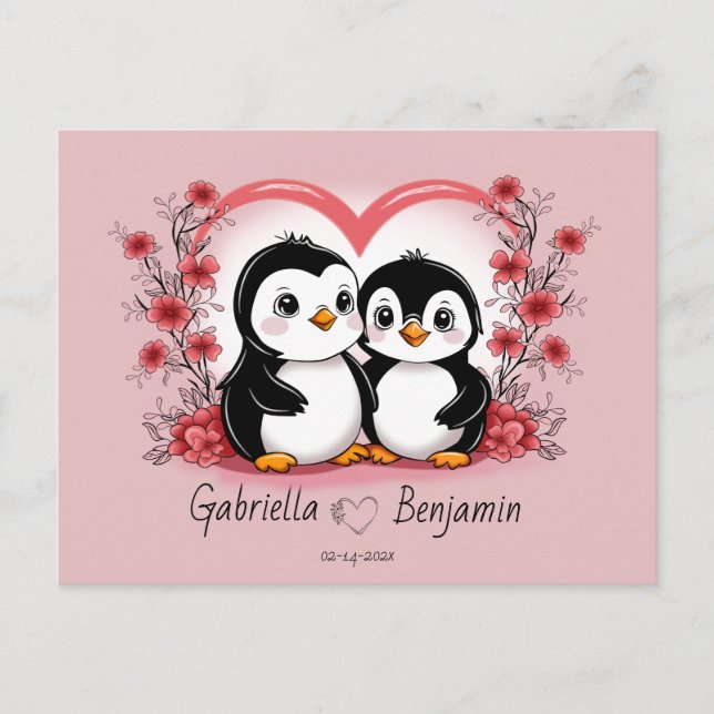 Cute Tecknad Penguin Älskare Heart Valentine Day Vykort (Framsida)