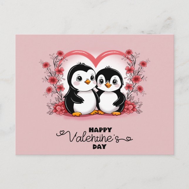 Cute Tecknad Penguin Älskare Heart Valentine Day Vykort (Framsida)