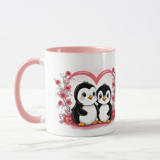Cute Tecknad Penguin Älskare Hjärtar Alla hjärtans Mugg (Vänster)