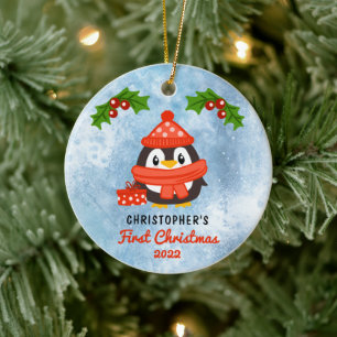 Cute Tecknad Penguin Baby Första julfoto  Julgransprydnad Keramik