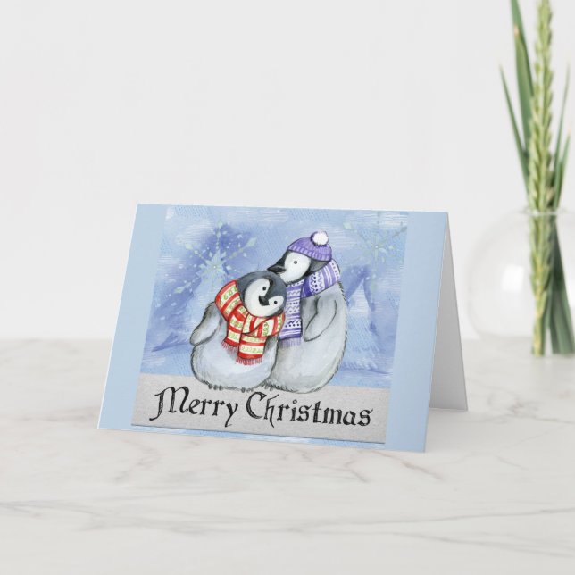 Cute Tecknad Penguin Couple God jul Wish Kort (Framsida)
