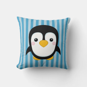 Cute Tecknad Penguin Design Blue Rand Mönster Kudde
