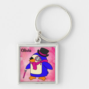 Cute tecknad penguin flowery pastel rosa fyrkantig silverfärgad nyckelring