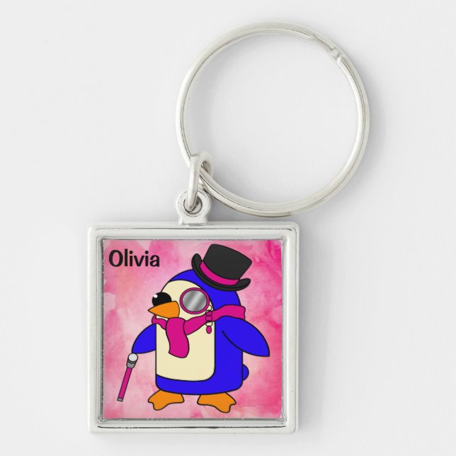 Cute tecknad penguin flowery pastel rosa fyrkantig silverfärgad nyckelring (Framsidan)