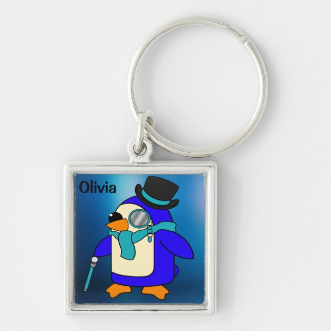 Cute tecknad penguin frostig isig blue fyrkantig silverfärgad nyckelring (Framsidan)