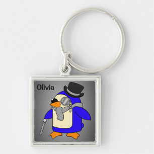 Cute tecknad penguin neutralt grått fyrkantig silverfärgad nyckelring