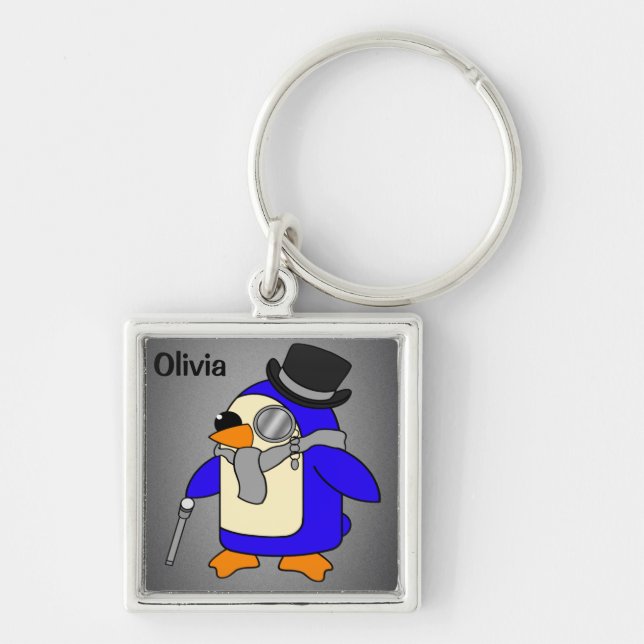 Cute tecknad penguin neutralt grått fyrkantig silverfärgad nyckelring (Framsidan)