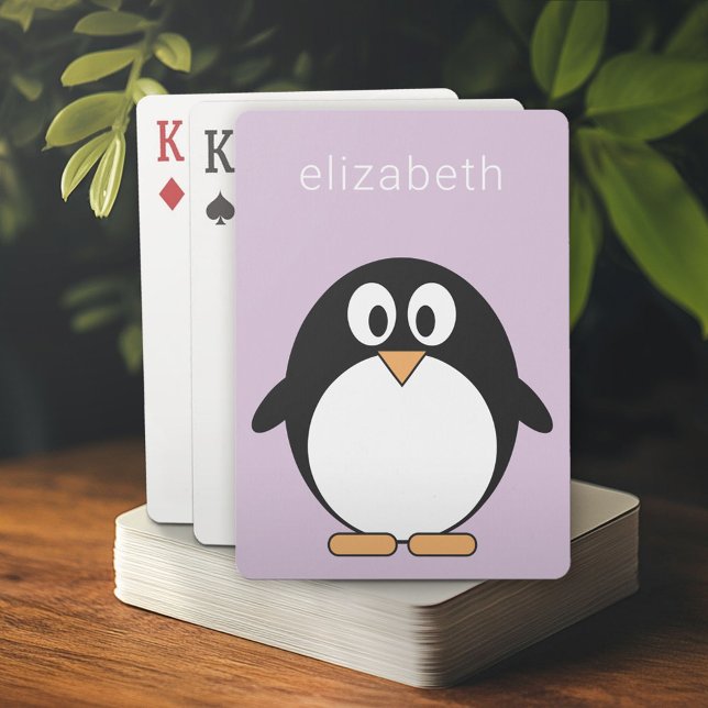 Cute Tecknad Penguin Pastel Lila Modern Namn Casinokort (Personalized playing cards)