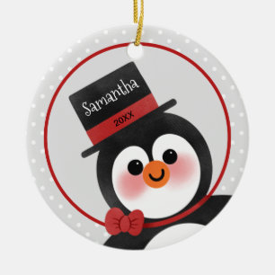 Cute Tecknad Penguin Personlig Namn Photo Julgransprydnad Keramik