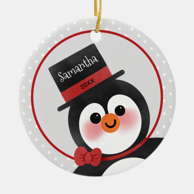 Cute Tecknad Penguin Personlig Namn Photo Julgransprydnad Keramik (Framsidan)