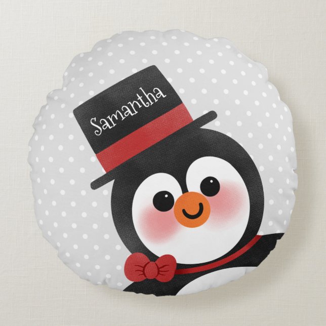 Cute Tecknad Penguin Personlig Namn Rund Kudde (Framsidan)