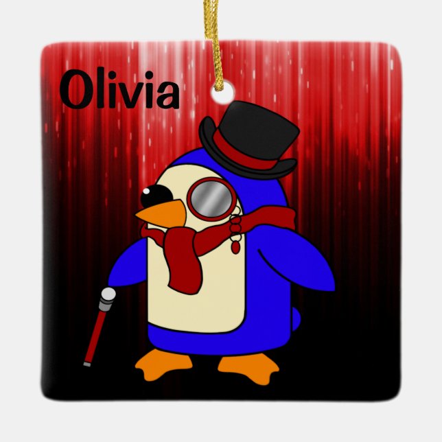 Cute tecknad penguin röd och svart julgransprydnad keramik (Framsida)