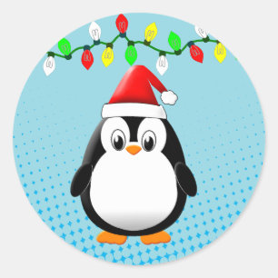 Cute Tecknad Penguin Santa Hat jul Ljus Runt Klistermärke