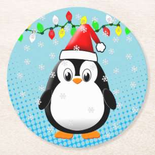 Cute Tecknad Penguin Santa Hat jul Ljus Underlägg Papper Rund