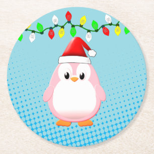 Cute Tecknad Penguin Santa Hat jul Ljus Underlägg Papper Rund