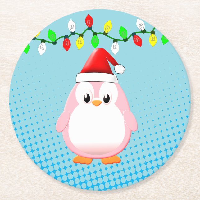 Cute Tecknad Penguin Santa Hat jul Ljus Underlägg Papper Rund (Framsidan)