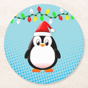 Cute Tecknad Penguin Santa Hat jul Ljus Underlägg Papper Rund