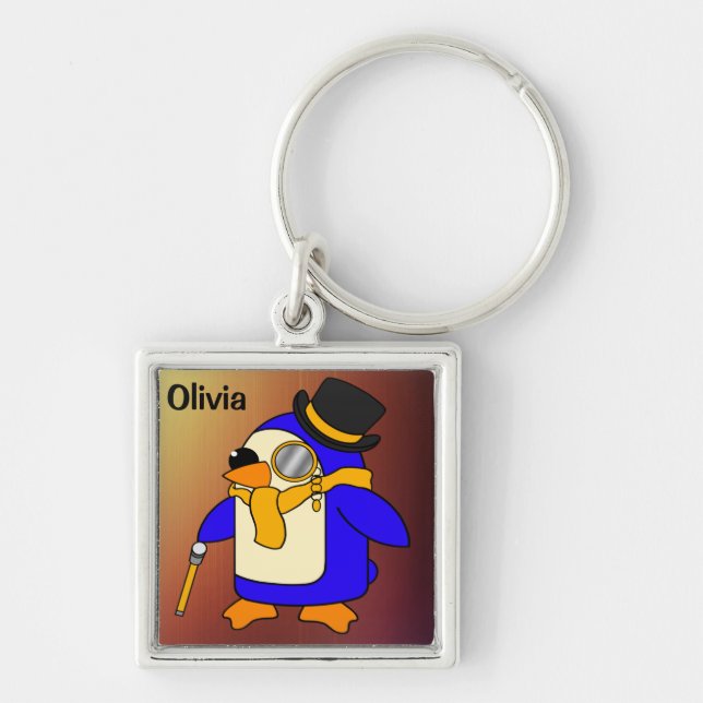 Cute tecknad penguin solig gult fyrkantig silverfärgad nyckelring (Framsidan)