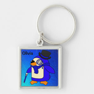 Cute tecknad penguin ultramarine blue fyrkantig silverfärgad nyckelring