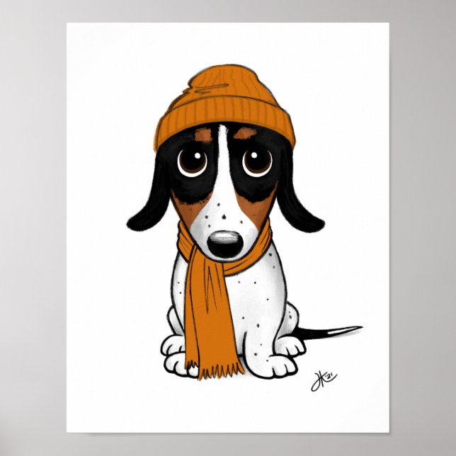 Cute Tecknad Piebald Dachshund med Beanie Poster (Framsidan)