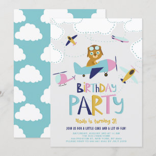 Cute Tecknad Pilot Bear Barns födelsedag Party Inbjudningar