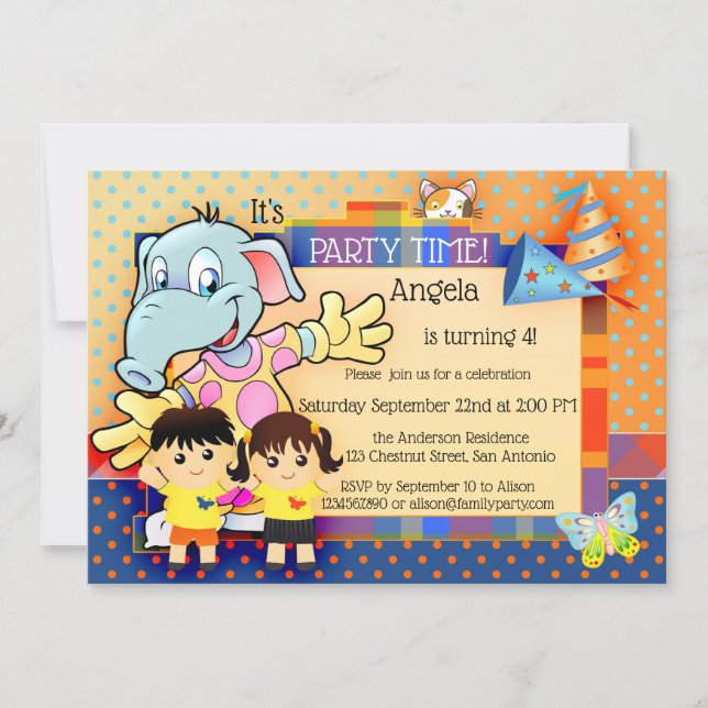 Cute Tecknad Polka dots Barns födelsedag Party Inb Inbjudningar (Front)