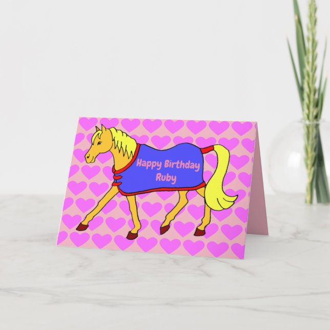 Cute Tecknad Pony med Rosa Hearts Birthday Kort (Framsida)