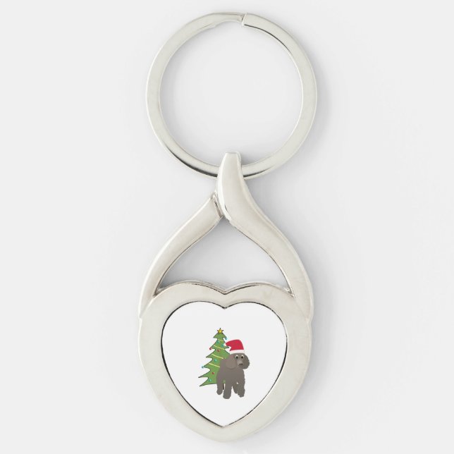 Cute Tecknad Pudel i Santa Hat Twisted Heart Silverfärgad Nyckelring (Framsidan)