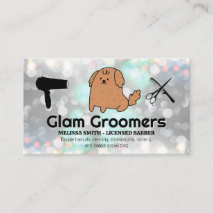 Cute Tecknad Puppy Grooming Verktyg Glam Bokeh Visitkort