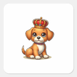 Cute Tecknad Puppy Wearing a Krona! Fyrkantigt Klistermärke