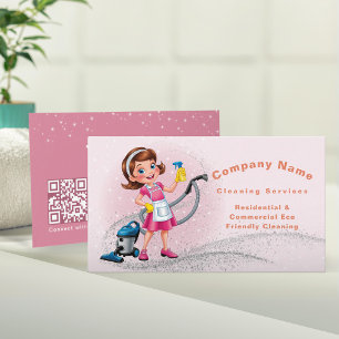 Cute Tecknad QR-kod Glitter Rosa House Städning Visitkort