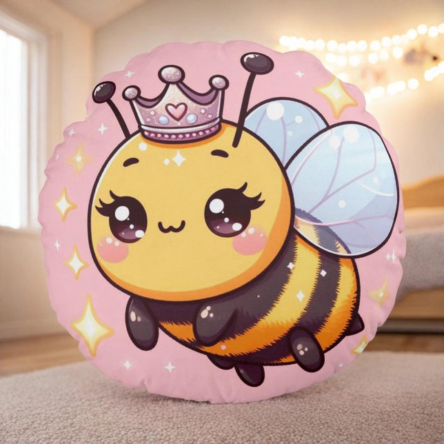 Cute Tecknad Queen Bee Rund Kudde (Skapare uppladdad)