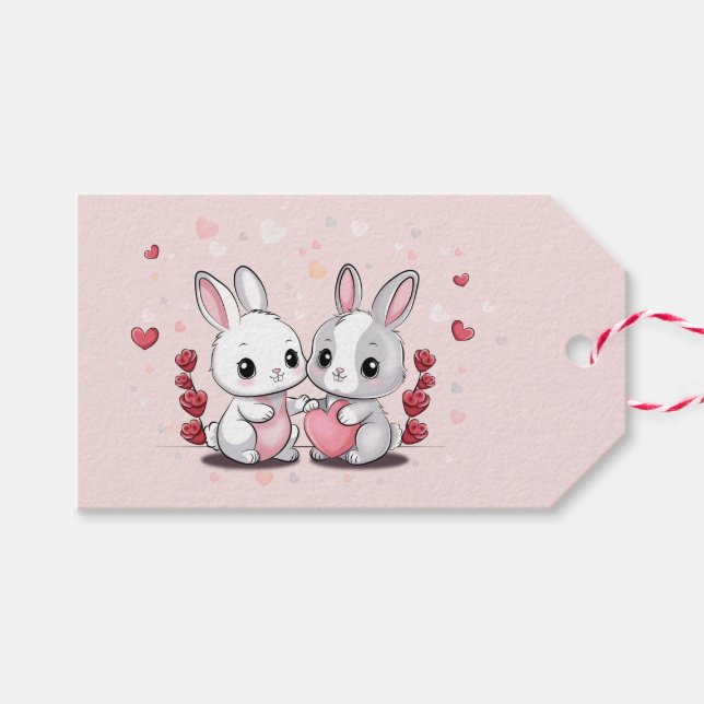 Cute Tecknad Rabbit Älskare Hearts Alla hjärtans d Presentetikett (Framsidan (Horizontal))
