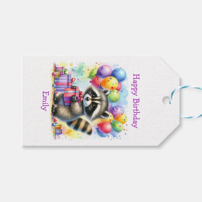 Cute Tecknad Raccoon Birthday Personlig Presentetikett (Framsidan (Horisontell))