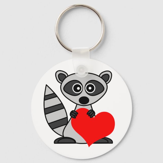Cute Tecknad Raccoon Holding Heart Nyckelring (Framsida)