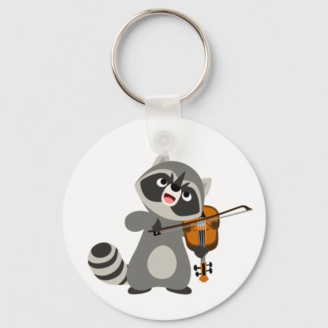 Cute Tecknad Raccoon Spela Violin Nyckelring (Framsida)