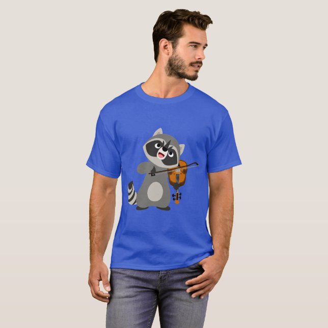 Cute Tecknad Raccoon Spela Violin T Shirt (Hel framsida)