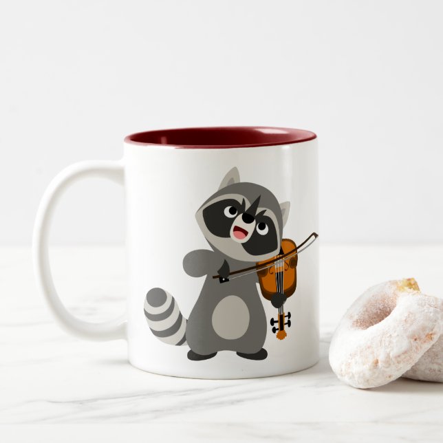 Cute Tecknad Raccoon Spela Violin Två-Tonad Mugg (Med munk)