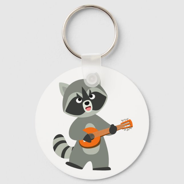Cute Tecknad Raccoon spelar Banjo Nyckelring (Framsida)