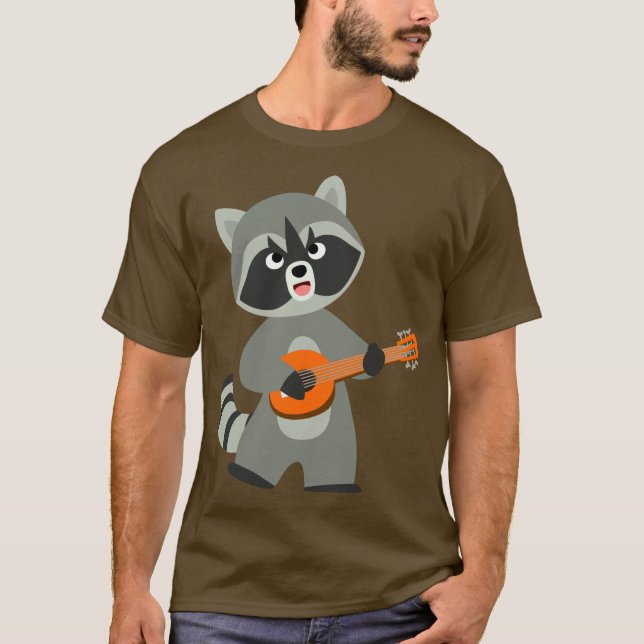 Cute Tecknad Raccoon spelar Banjo T-Shirt (Framsida)