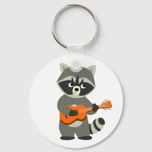 Cute Tecknad Raccoon spelar Guitar Nyckelring